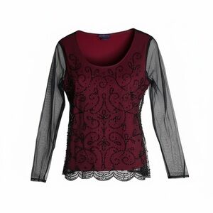 Metaphor burgundy long sleeve top featuring black mesh sleeves, ornate  beaded